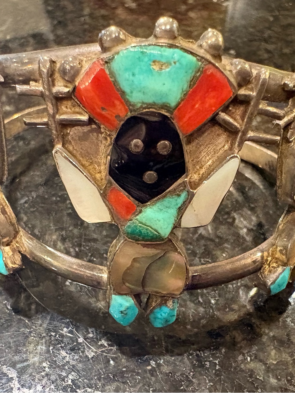 Turquoise & Coral Inlay Silver Cuff Bracelet